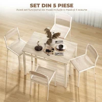 HOMCOM Set Masă de Prânz din 5 Piese cu 1 Masă Dreptunghiulară și 4 Scaune, 100x63x76,5 cm, Gri și Alb(m-19)