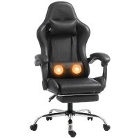 HOMCOM Scaun Gaming Ergonomic cu Pernă Lombară Masantă, Fotoliu Gaming Înclinabil din Piele Sintetică, Negru(m-1)