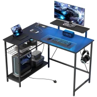 HOMCOM 114.5 cm L-Shaped Gaming Desk, Computer Desk with LED Lights, Power Station and Adjustable Mesh Shelf , Black(m-15)