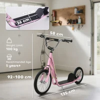 HOMCOM Kids Scooter, Teen Kick Scooter with Rubber Wheels, 16" Front Wheel, Height Adjustable Handlebar, Dual Brakes, Kick Stand, for 5+ Years, Pink(m-3)