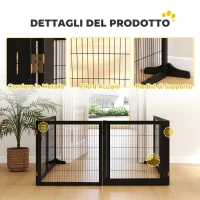 PawHut Cancelletto per Cani di Piccola/Media Taglia a 6 Pannelli Pieghevoli, in Legno e Acciaio, 432x36x70 cm, Nero(m-6)