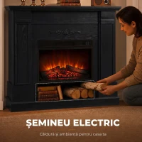 HOMCOM Șemineu electric de podea/încastrat, cu ramă și raft pentru TV 55 inch, 1800W, efect flacără 3D, timer, negru(m-5)