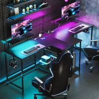 HOMCOM 114.5 cm L-Shaped Gaming Desk, Computer Desk with LED Lights, Power Station and Adjustable Mesh Shelf , Black(m-8)
