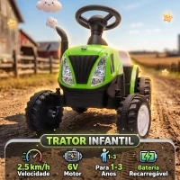 AIYAPLAY Trator Elétrico para Crianças 6V com Reboque Amovível, Luzes, Música, Buzina e Pedal, 2,5 km/h, Verde, 1-3 Anos(m-23)
