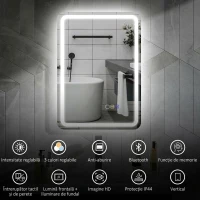 HOMCOM Oglindă de baie LED cu Bluetooth, iluminare reglabilă și funcție de memorie, din sticlă securizată, 70x50x3,5 cm(m-4)