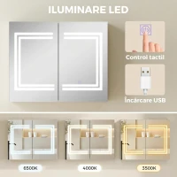 kleankin Oglindă Baie cu Dulap și LED, 80 x 65cm, Ușă Soft Close, Reglabilă pe 3 Culori, Rafturi Ajustabile, Alb Lucios(m-4)