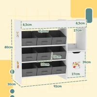 AIYAPLAY Spielzeugregal für Kinder aus Holz mit 9 herausnehmbaren Behältern und Schrank, 92x30x80 cm, Weiß(m-3)