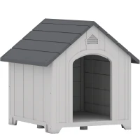PawHut Außen-Hundehütte, Hundehütte aus Polypropylen, wasserdicht, belüftet, erhöhter Boden 66x55x65cm hellgrau(m-1)