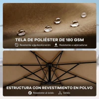 Outsunny Parasol Excéntrico Ø300 cm con Base Cruzada Manivela Funda Protectora y Cuerdas de Viento UPF30+ Caqui(m-6)