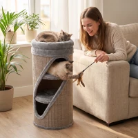 PawHut Arranhador 75 cm de Altura Ø35 cm 4 Níveis com 3 Ninhos Cama de Pelúcia Removível e Lavável Superfície de Sisal(m-5)