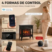 HOMCOM Chimenea Eléctrica 1000/2000 W con Efecto Llama 3 Vistas Termostato Wifi 5 Colores Temporizador 12h Negro(m-5)