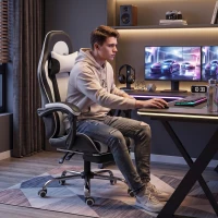 HOMCOM Chaise Gaming Ergonomique Massante avec Coussin Lombaire Réglable, Similicuir, Repose-pieds, Blanc(m-5)