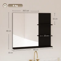 Kleankin Espejo de Baño con 3 Estantes Portaobjetos para Maquillaje, Negro(m-3)