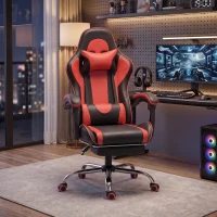 HOMCOM Cadeira Gamer Ergonômica Massageadora com Almofada Lombar Ajustável, Couro Sintético, Apoio para Pés, Vermelha(m-2)