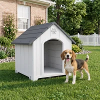 PawHut Außen-Hundehütte, Hundehütte aus wasserdichtem Polypropylen belüftet erhöhter Boden 66x55x65 cm hellgrau(m-4)