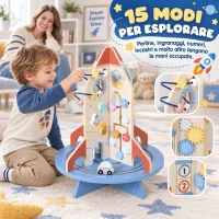 AIYAPLAY Tavolo Educativo Montessori per Bambini in Legno a Tema Razzo con Percorso di Perline, Ingranaggi e Abaco(m-7)