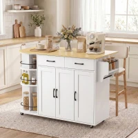 HOMCOM Isla de Cocina con 5 Ruedas Encimera Extensible 3 Estantes Giratorios 360° 2 Cajones 3 Puertas Toallero Blanco(m-9)