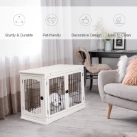 PawHut Dog Crate Furniture, Puppy Crate End Table, Pet Kennel House with 2 Doors for Medium and Small Dogs, 81 x 58.5 x 66 cm, White(m-4)