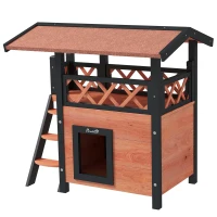 PawHut Caseta para Gato Exterior con Terraza, Escalera, Techo, Nicho Villa, 77 x 50 x 73 cm Marrón y Rojo(m-9)