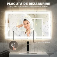 HOMCOM Oglindă de baie cu lumini LED reglabilă în 3 culori și strat antișoc, din sticlă și metal, 100x3x60 cm(m-5)