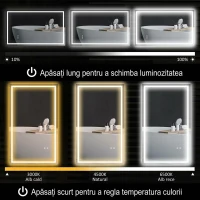 HOMCOM Oglindă de baie cu lumini LED reglabilă în 3 culori și strat antișoc, din sticlă și metal, 100x3x60 cm(m-4)