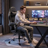HOMCOM Scaun Gaming Ergonomic cu Pernă Lombară Masantă, Fotoliu Gaming Înclinabil din Piele Sintetică, Negru(m-5)