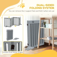 PawHut Wooden Pet Gate Foldable Freestanding Dog Safety Barrier w/ Support Feet, Grey(m-4)