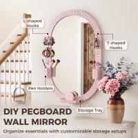 HOMCOM Oval Wall Mirror, 60 x 90 cm Decorative Hanging Mirror with Pegboard Frame, Wall-Mounted, Pink(m-4)