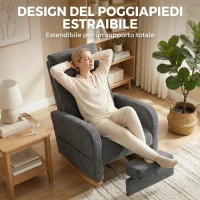 HOMCOM Sedia a Dondolo Imbottita in Tessuto Effetto Lino, Poggiapiedi, Schienale Alto, Gambe in Legno di Caucciù, Grigio(m-4)