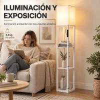 HOMCOM Lámpara de Pie con 3 Estantes Luz LED Regulable Control Táctil y Remoto Pantalla de Tela Bombilla Incluida Blanco(m-4)