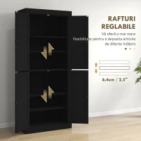 HOMCOM Dulap Înalt de Bucătărie cu 6 Rafturi Reglabile și 4 Uși din Lemn, 76x40.5x184 cm, Negru(m-5)