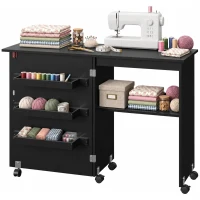 HOMCOM Mesa de costura plegable mueble de costura con tablero abatible, compartimentos de almacenamiento, estantería abierta y ruedas, negro(m-11)
