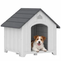 PawHut Cușcă pentru câine de exterior, casă pentru câine din polipropilenă impermeabilă, ventilată, pardoseală ridicată 66x55x65cm gri deschis(m-8)
