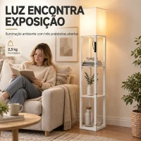 HOMCOM Candeeiro de Pé com 3 Prateleiras, LED Regulável, Controlo Tátil e Remoto, Abajur em Tecido, Lâmpada Incluída, Branco(m-4)