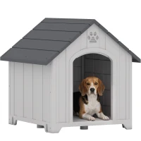 PawHut Außen-Hundehütte, Hundehütte aus wasserdichtem Polypropylen belüftet erhöhter Boden 66x55x65 cm hellgrau(m-8)