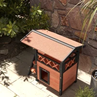 PawHut Caseta para Gato Exterior con Terraza, Escalera, Techo, Nicho Villa, 77 x 50 x 73 cm Marrón y Rojo(m-5)