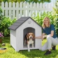 PawHut Außen-Hundehütte, Hundehütte aus wasserdichtem Polypropylen belüftet erhöhter Boden 66x55x65 cm hellgrau(m-2)