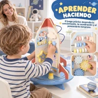 AIYAPLAY Cubo de Actividades de Madera Tema Cohete Juguete Montessori con Engranajes Laberinto de Cuentas Reloj Giratorio(m-6)