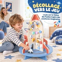 AIYAPLAY Cube d'Activités en Bois Thème Fusée, Cube Éducatif avec Trieur de Formes et Labyrinthe de Perles, pour 2 à 6 Ans(m-4)