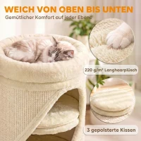 PawHut Krabton voor katten 75 cm hoog, Ø35 cm, 4-laags met 3 kattenholen, afneembaar wasbaar pluche bed en sisal kraboppervlak(m-6)