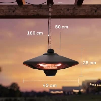 Outsunny Hanging Electric Patio Heater with 2 Power Settings, 1000/2000W Waterproof Ceiling Mounted Aluminium Halogen Infrared Outdoor Heater Warmer with LED Light and Remote Control, Black(m-3)