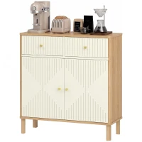 HOMCOM Bufet, corp de depozitare canelat cu blat cu aspect de stejar, 2 sertare, 2 uși, poliță reglabilă, 77x30x80cm, crem(m-9)