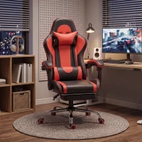 HOMCOM Cadeira Gamer Ergonômica Massageadora com Almofada Lombar Ajustável, Couro Sintético, Apoio para Pés, Vermelha(m-6)