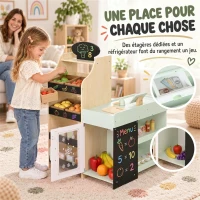 AIYAPLAY Marchande Enfants en Bois, Caisse Enregistreuse, Aliments Factices, Tableau Noir et 44 Accessoires, pour 3 à 6 Ans(m-6)