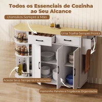 HOMCOM Ilha de Cozinha com 5 Rodas, Tampo Extensível, 3 Prateleiras Giratórias 360°, 2 Gavetas, 3 Portas e Toalheiro, Branco(m-6)