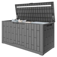 Outsunny Außen-Aufbewahrungsbox 379 L abschließbar mit Gasdruckfeder, Holzoptik, 122,5x56x62cm, Grau(m-7)