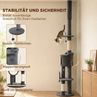 PawHut Drapak sięgający sufitu 225–255 cm regulowana wysokość Drapak dla kota 5 poziomów słupki sizalowe, deska do drapania, hamak(m-7)