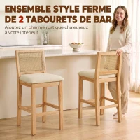 HOMCOM Lot de 2 Tabourets de Bar, Chaises de Bar avec Dossier Effet Rotin, Assise Rembourrée en Chenille de 66H cm, Crème(m-4)