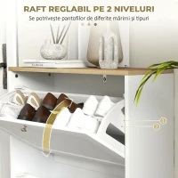 HOMCOM Pantofar Slim cu 2 Uși Rabatabile, Rafturi Reglabile și Detașabile, pentru 8-12 Perechi, 60x23,5x80 cm, Alb(m-5)