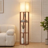 HOMCOM Lámpara de Pie con 3 Estantes Luz LED Regulable Control Táctil y Remoto Pantalla de Tela Bombilla Incluida Marrón(m-2)